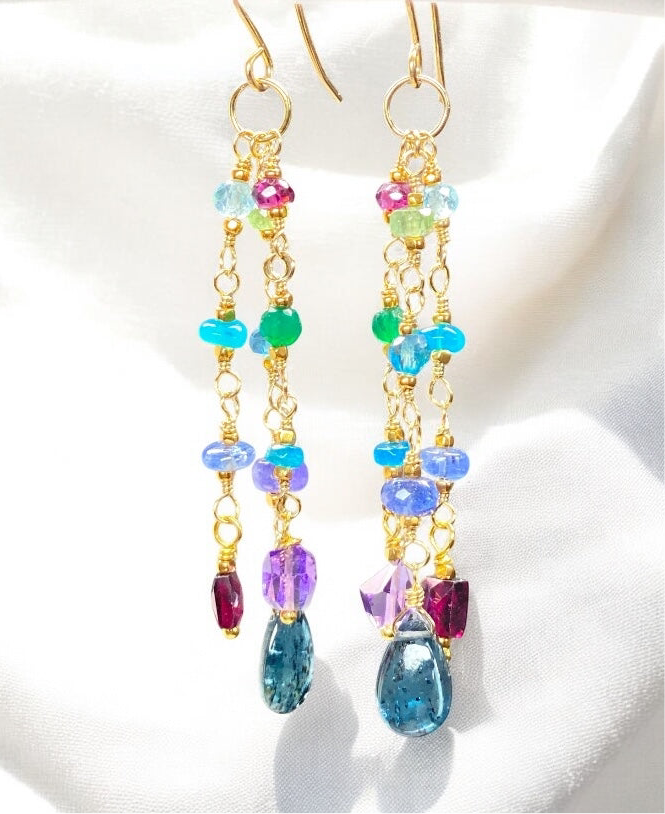 Teal Kyanite, Multi Gemstone Gold Fill Long Dangle Earrings