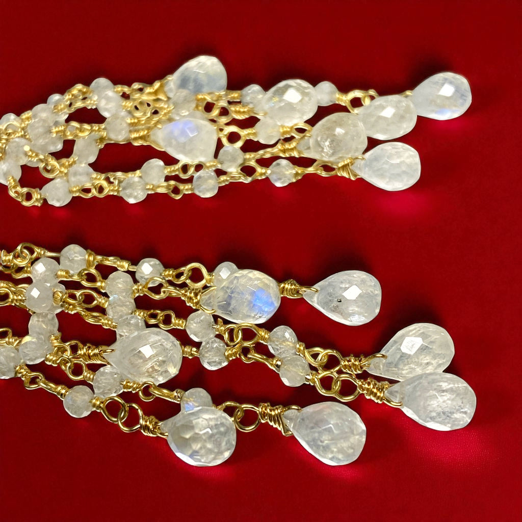 Rainbow Moonstone Tassel Earrings Gold