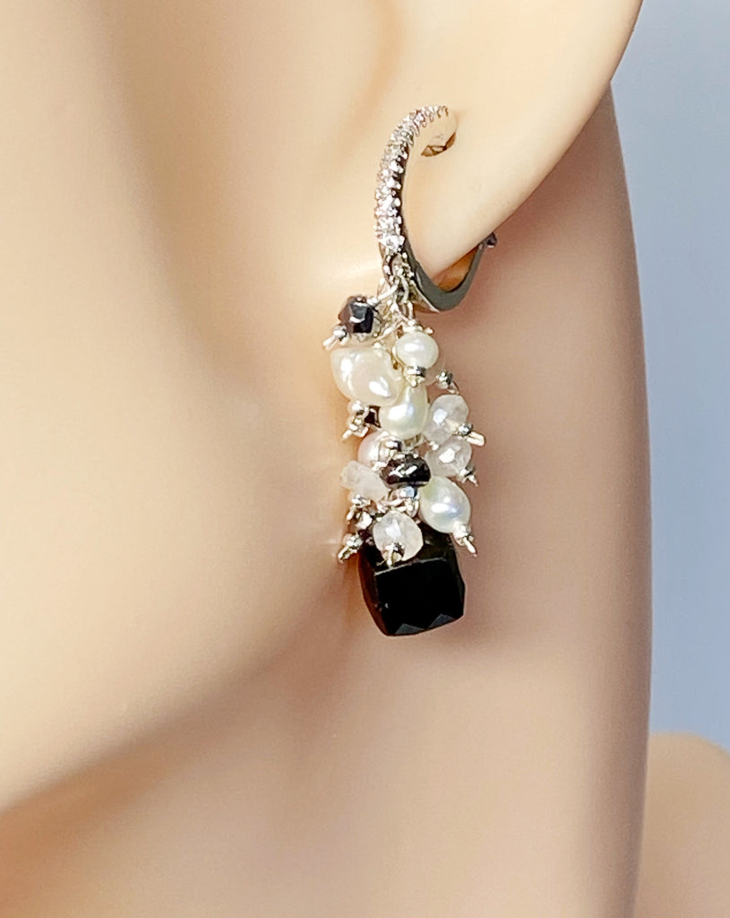 Black Spinel, Pearl and Moonstone Cluster Earrings