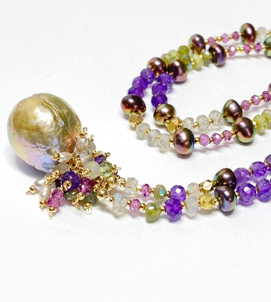 Exotic Mauve Pink Pond Slime Baroque Freshwater Pearl Pendant with Gemstone Necklace
