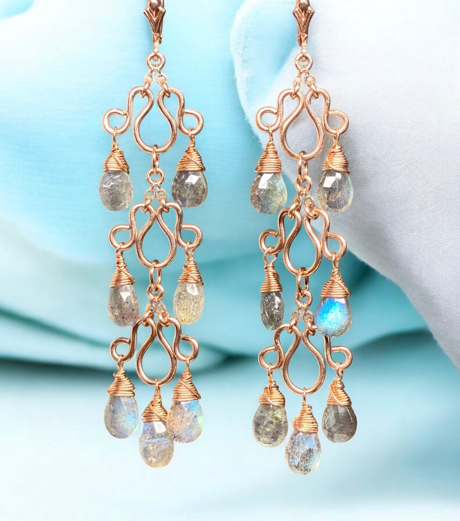 Long Labradorite Chandelier Earrings Rose Gold