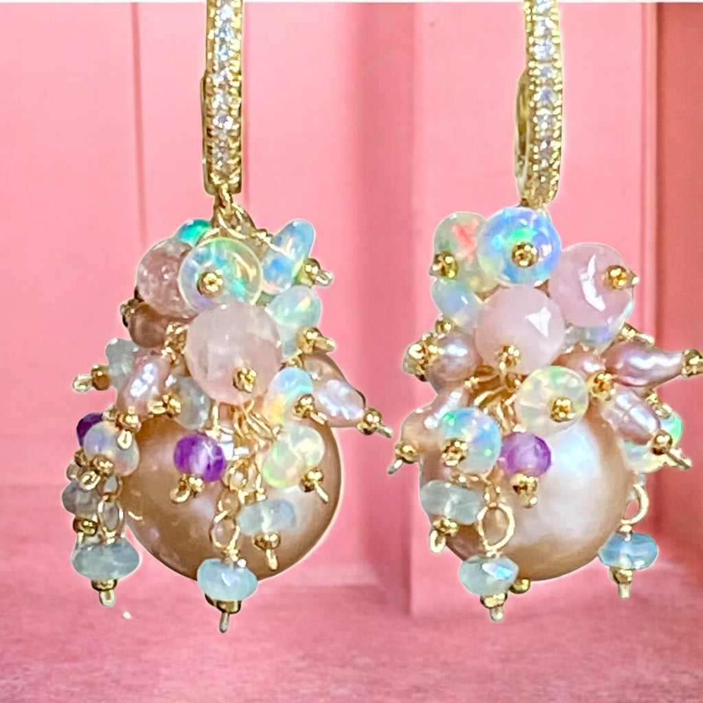 Pink Round Pearl and Gem Cluster Wedding Earrings with Tourmaline and Opals 2