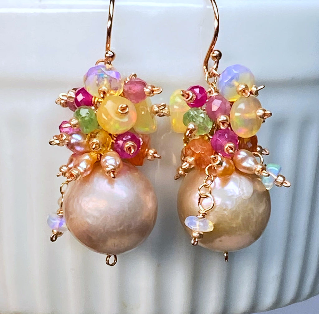Blush Pearl Multicolor Opal Gemstone Cluster Earrings Rose Gold Fill