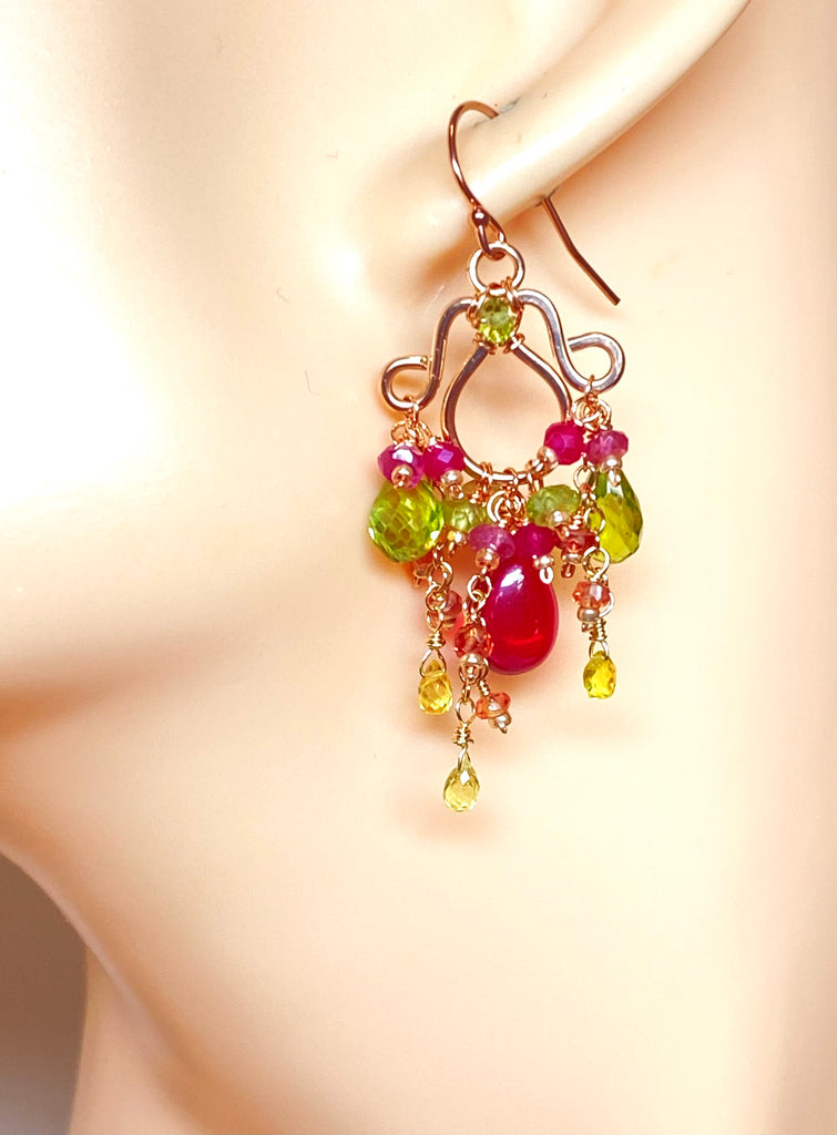 Rubellite and Peridot Rose Gold Chandelier Earrings - Pink and Green
