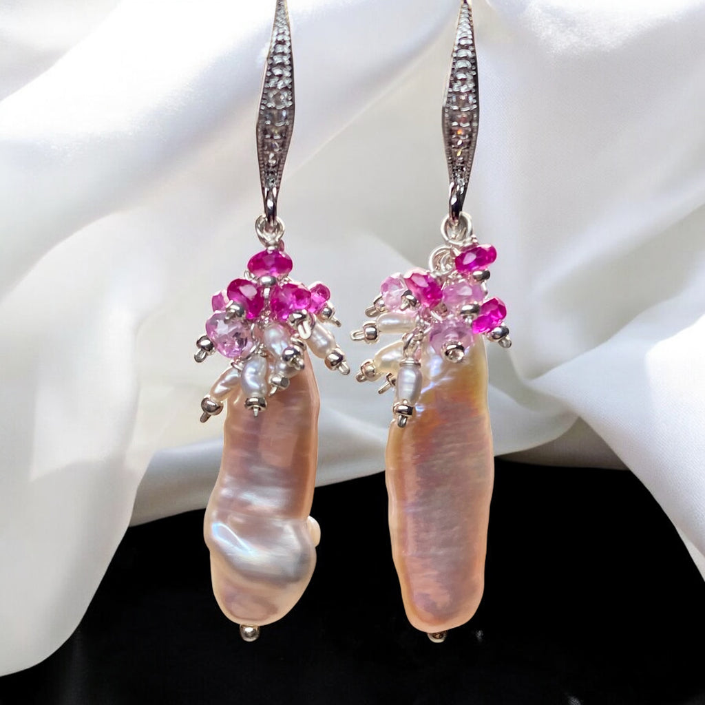 Biwa Pearl Dangle Earrings, Pink Red Ruby Clusters Sterling Silver