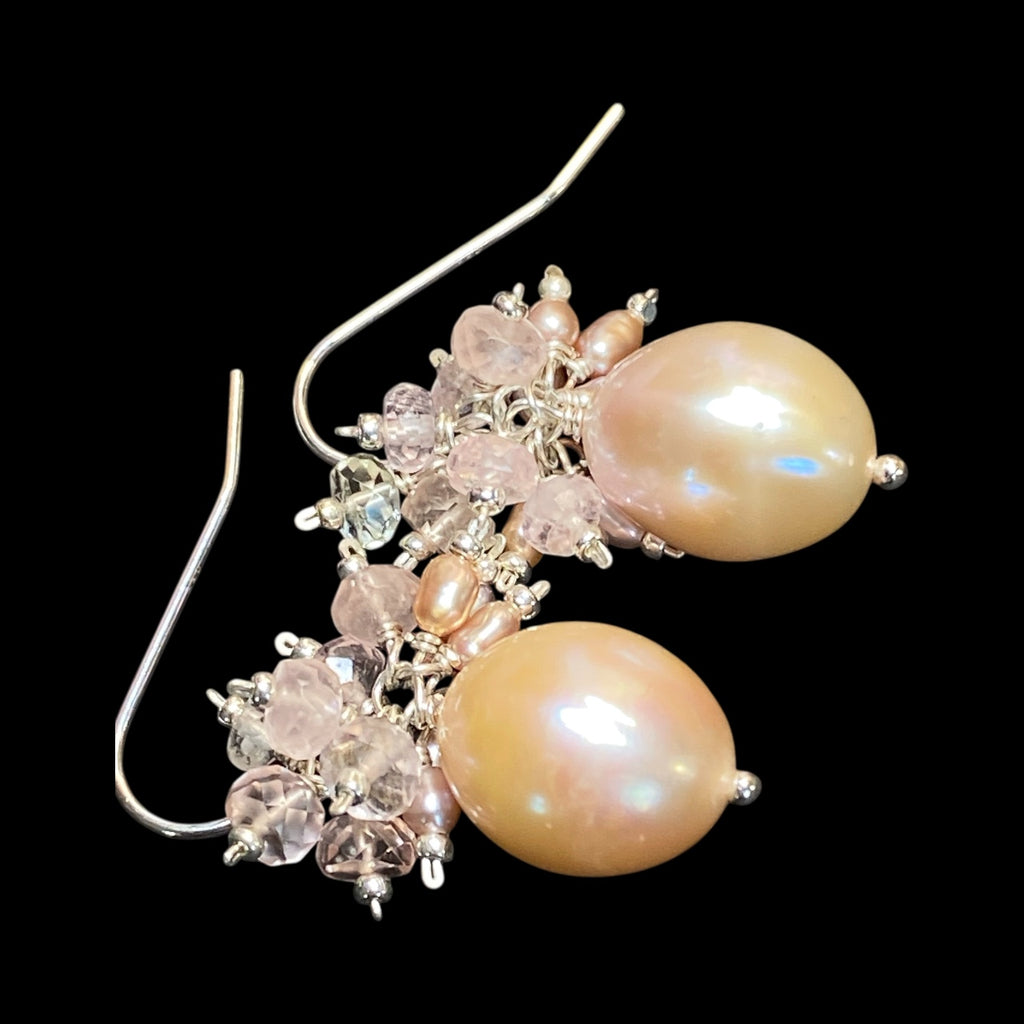 Pink Blush Pearl and Morganite Cluster Earrings Sterling Silver