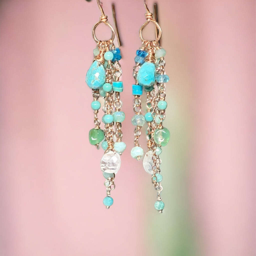 Turquoise Multi Gemstone Dangle Earrings Rose Gold Fill