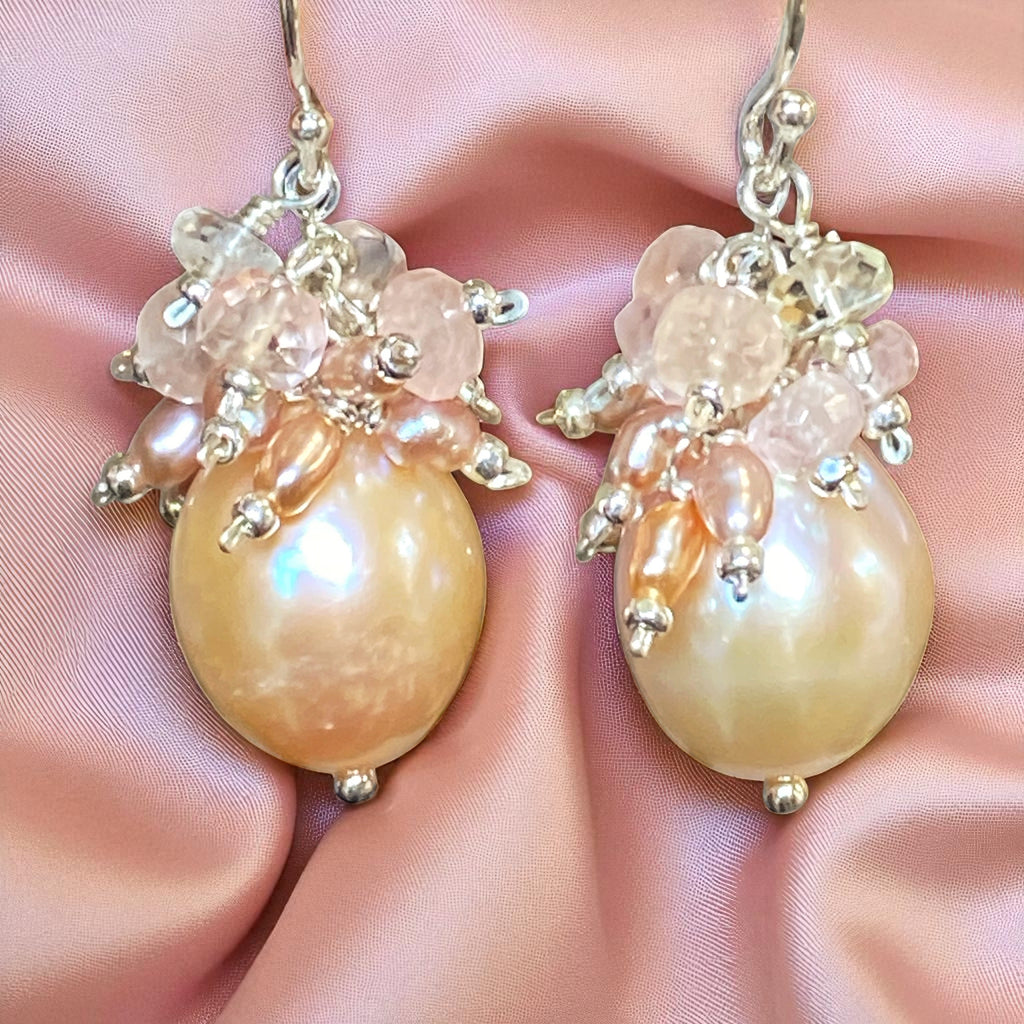 Pink Blush Pearl and Morganite Cluster Earrings Sterling Silver