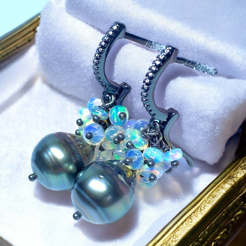 Tahitian Pearl and Opal Cluster Earrings Oxidized Sterling Silver