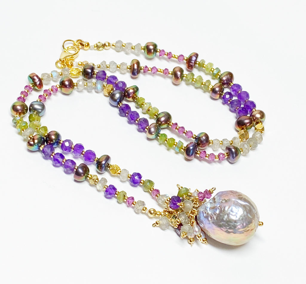 Exotic Mauve Pink Pond Slime Baroque Freshwater Pearl Pendant with Gemstone Necklace