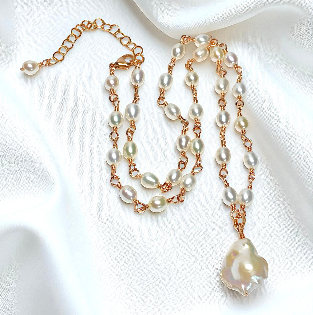 Dainty Baroque Pearl Necklace Wire Wrapped Rosary Style Rose Gold Fill