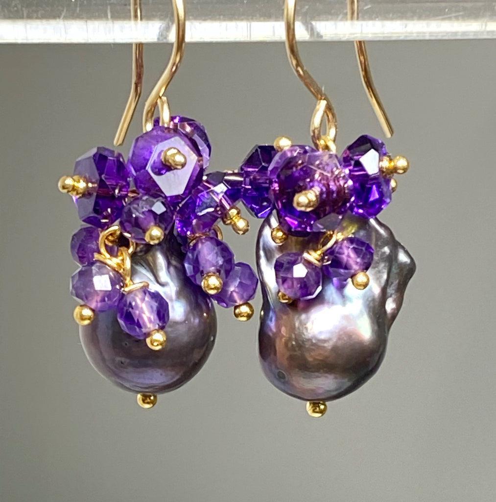 Baroque Peacock Pearl Amethyst Cluster Earrings