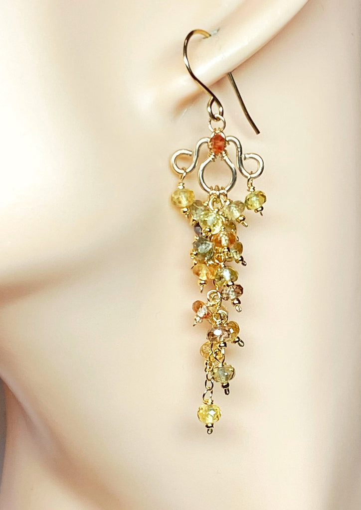Natural Gemstone Zircon Cluster Dangle Earrings Gold Fill