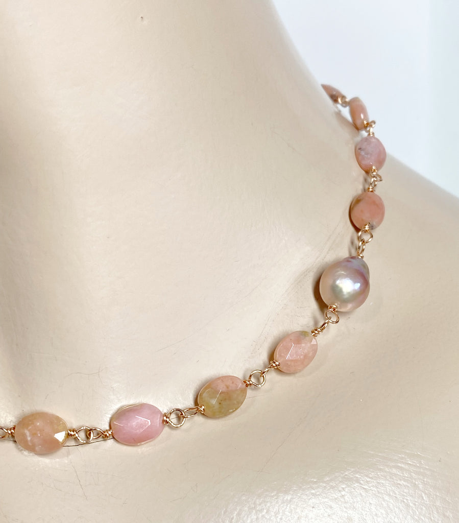 Pink Peruvian Opal, Pearl and Rose Gold Wire Wrapped Necklace