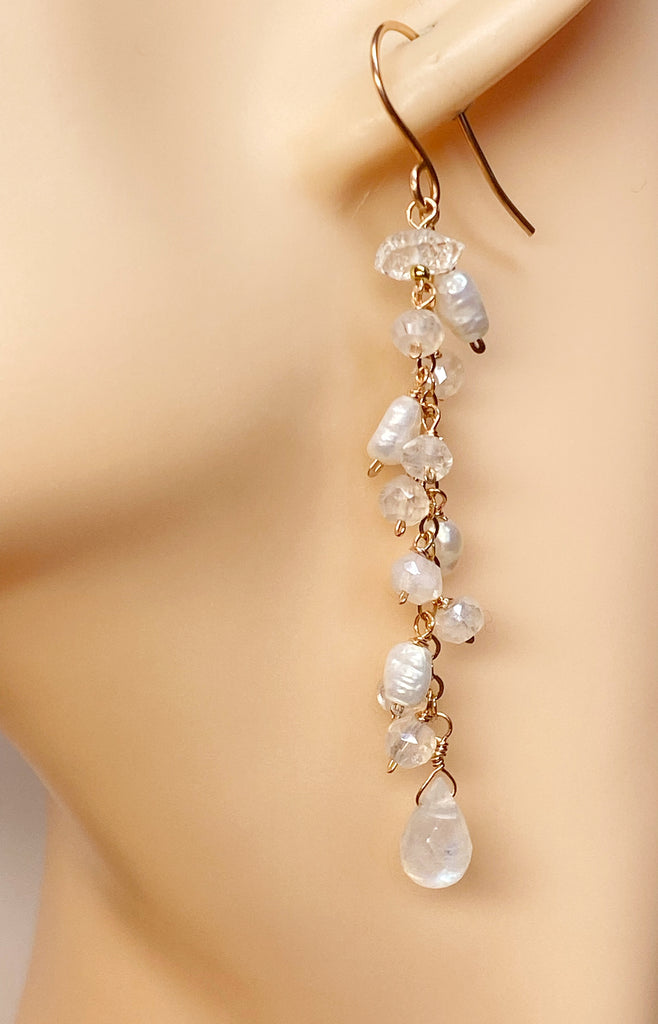 Rainbow Moonstone and Pearl Long Dangle Earrings - Rose Gold, Sterling Silver, Gold Fill