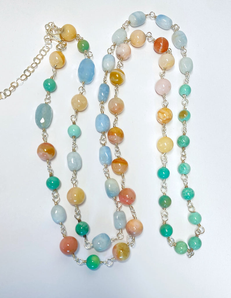 Multi-color Gemstone Necklace Wire Wrapped Opal Chrysoprase Aquamarine