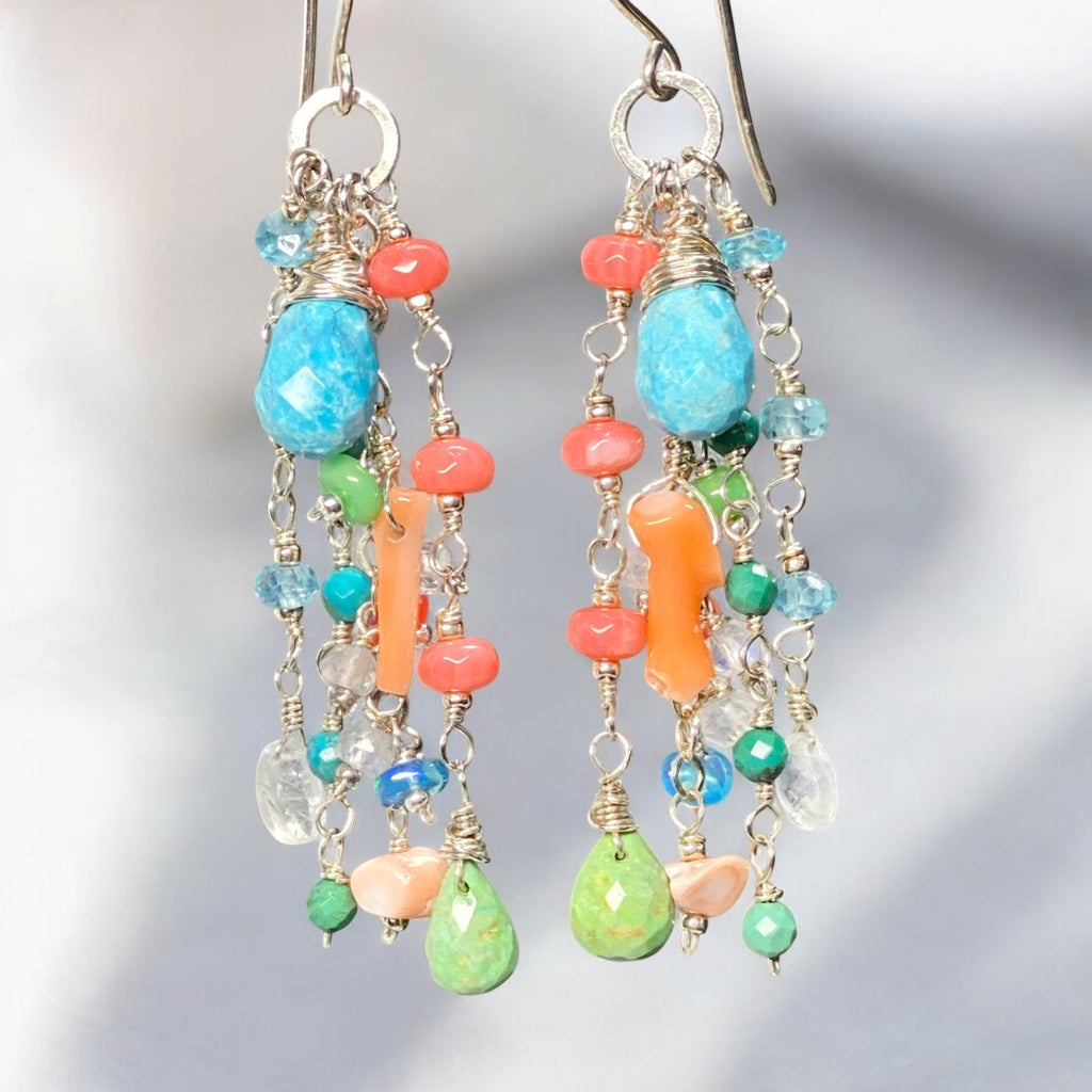 Blue and Green Turquoise Dangle Earrings, Coral, Moonstone, Gemstone 3