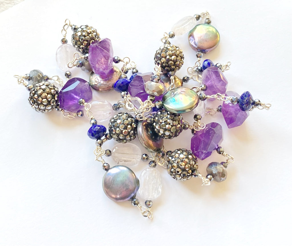 Long Blue Violet Necklace Amethyst Kunzite Coin Pearl Sterling Silver 2