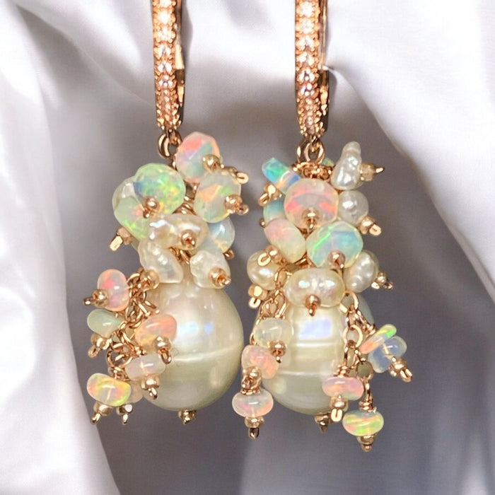 Pearl and Ethiopian Opal Cluster Earrings