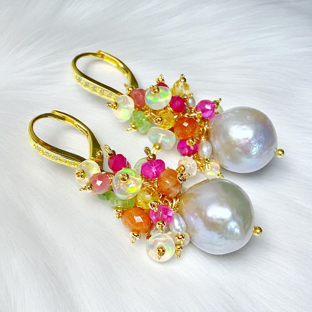 Silver Edison Pearl Multicolor Gemstone Cluster Earrings Gold Fill