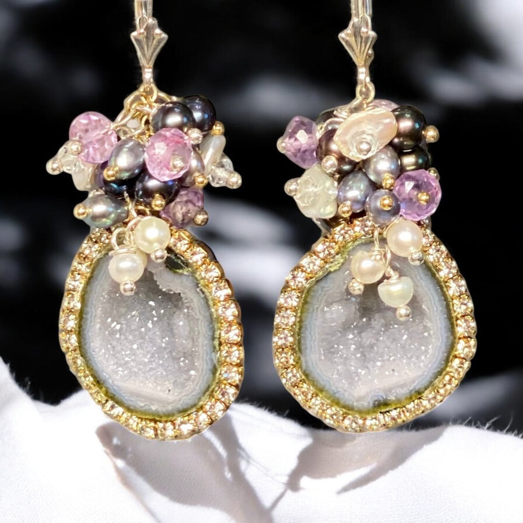 Grey Tabasco Geode Earrings with Diamond Look Austrian Crystals and Amethyst Pearl Clusters