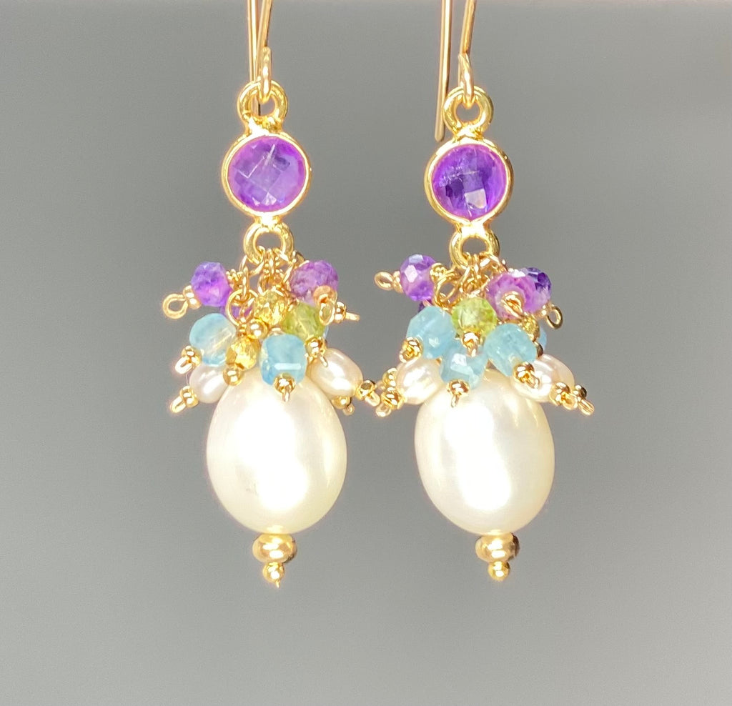 Pearl Cluster Earrings with Peridot, Aquamarine, Amethyst in Gold