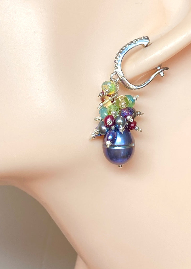 Grey Pearl Earrings with Colorful Gemstone Clusters in Sterling Silver