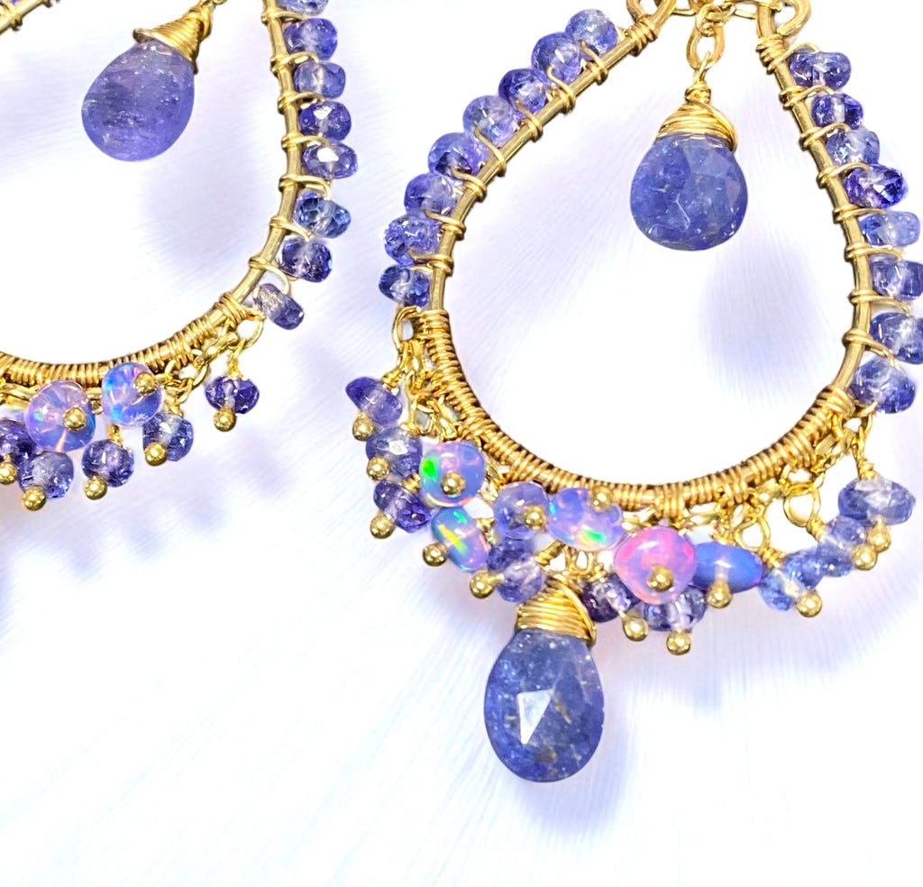 Tanzanite and Opal Hoop Earrings in Gold Fill