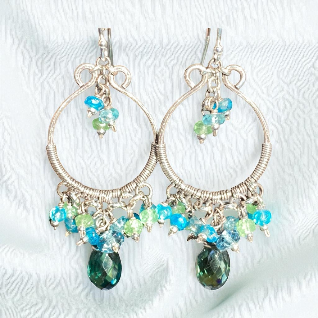 Oxidized Silver Hoop Chandelier Earrings, Aqua, Green Tsavorite, Blue Topaz 2