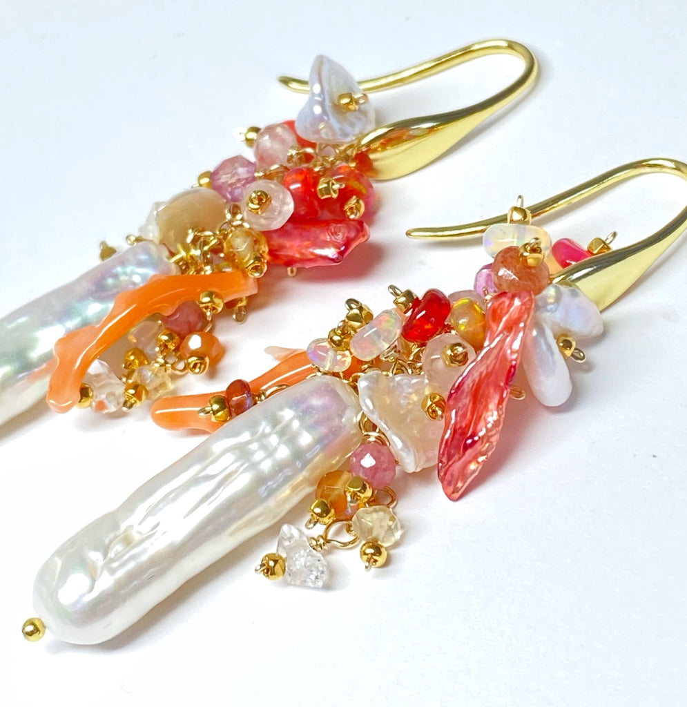 White Biwa Pearl and Coral, Hot Pink Gem Cluster Earrings Gold Fill