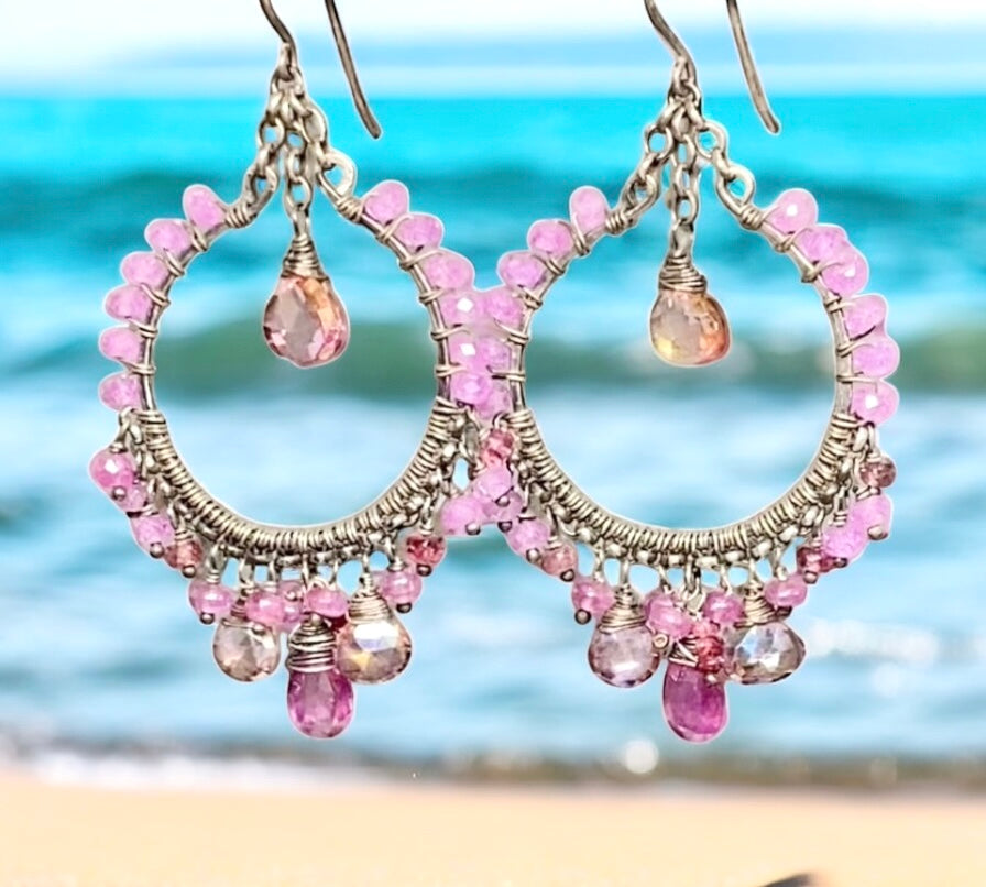Pink Sapphire Chandelier Hoop Earrings in Oxidized Sterling Silver