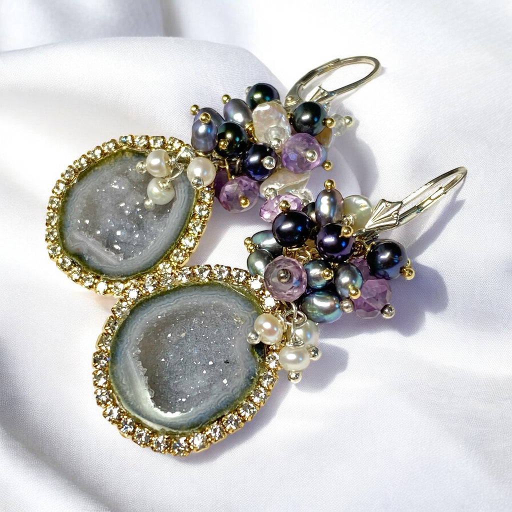 Grey Tabasco Geode Earrings with Diamond Look Austrian Crystals and Amethyst Pearl Clusters