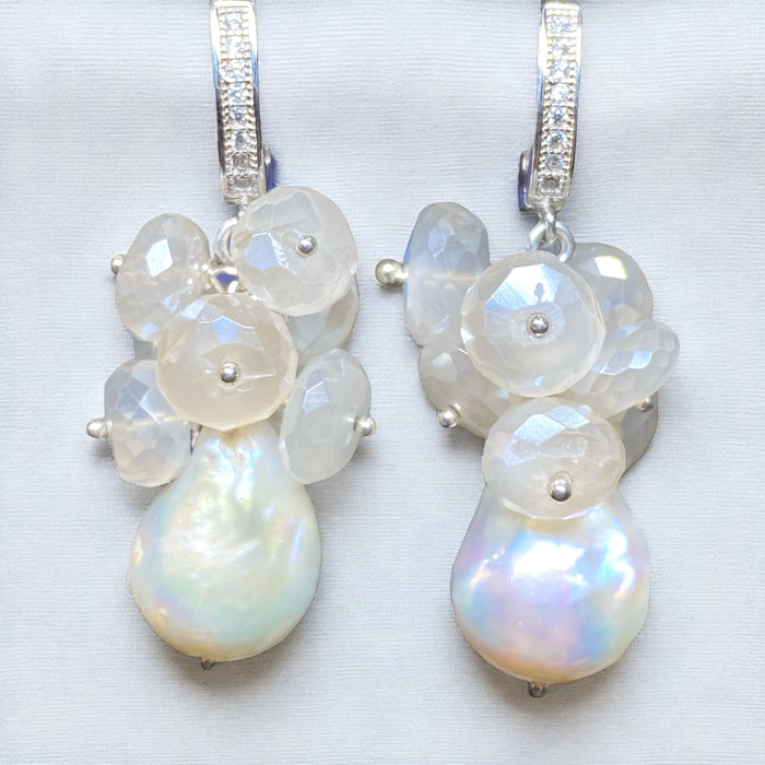 Baroque Pearl and Mystic Moonstone Sterling Silver Bridal Gemstone Cluster Earrings