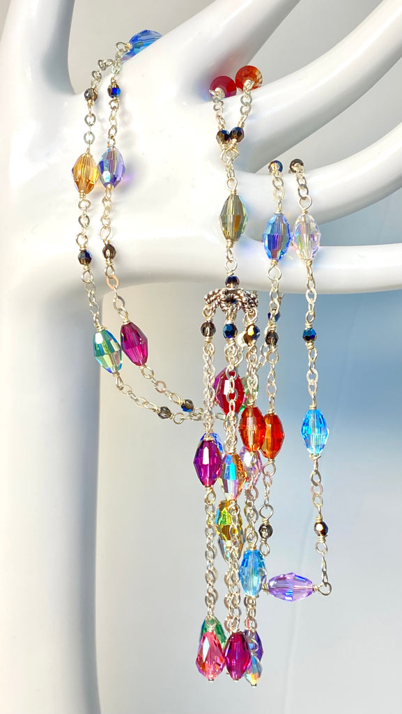 Multicolor Crystal Tassel Necklace Sterling Silver