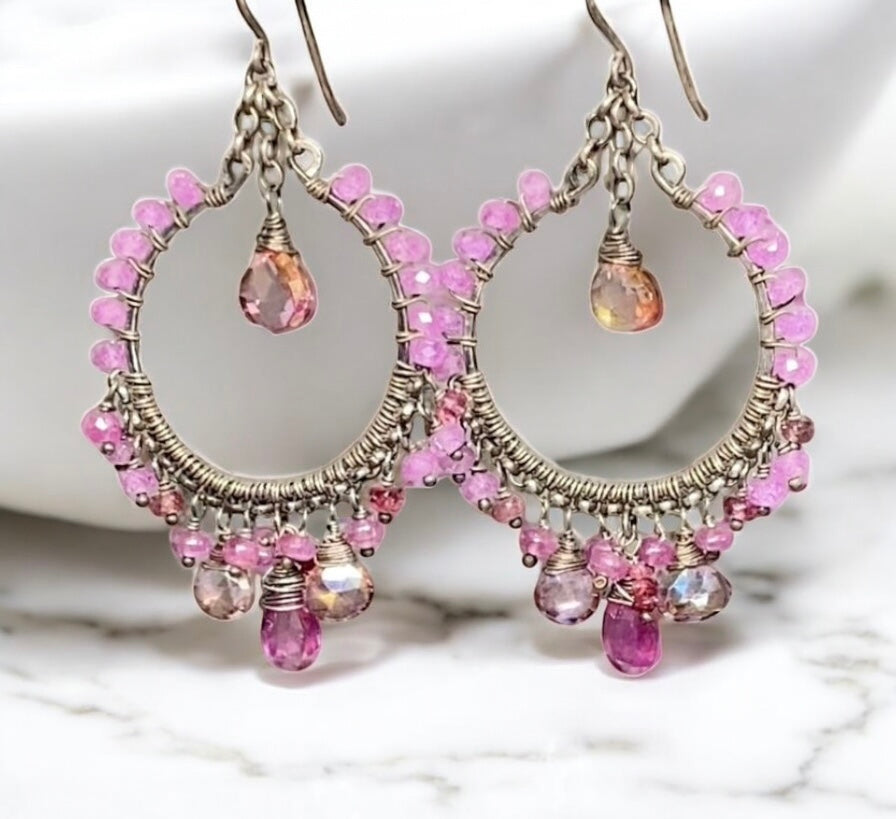 Pink Sapphire Chandelier Hoop Earrings in Oxidized Sterling Silver