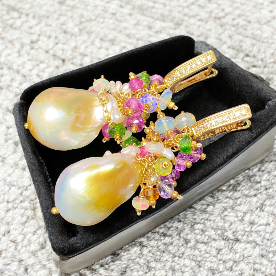 Pond-slime Baroque Pearl and Gemstone Cluster Earrings with Violet Sapphire