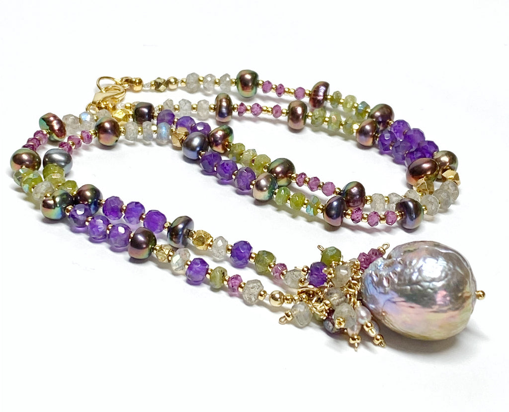 Exotic Mauve Pink Pond Slime Baroque Freshwater Pearl Pendant with Gemstone Necklace