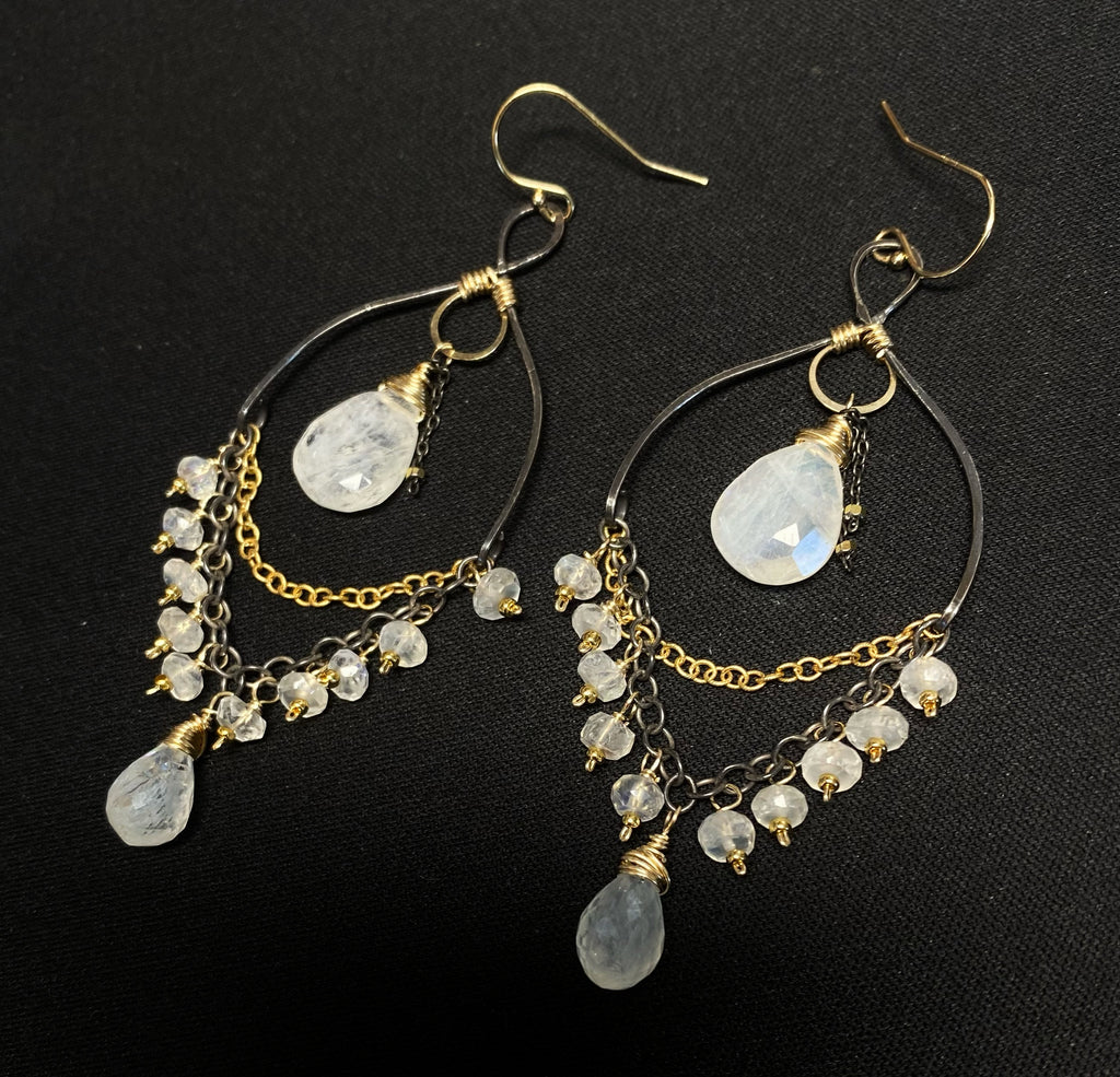 Rainbow Moonstone Mixed Metal Chandelier Earrings Beaded Statement Earrings
