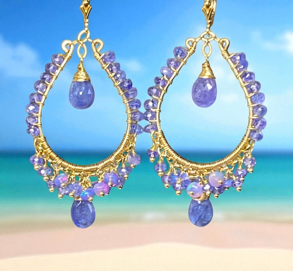 Tanzanite and Opal Hoop Earrings in Gold Fill
