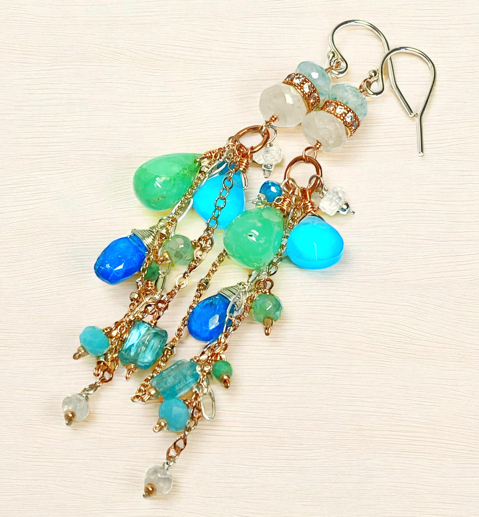 Rose Gold Long Boho Dangle Earrings Mixed Metal with Chrysoprase, Blue Chalcedony and Moonstone