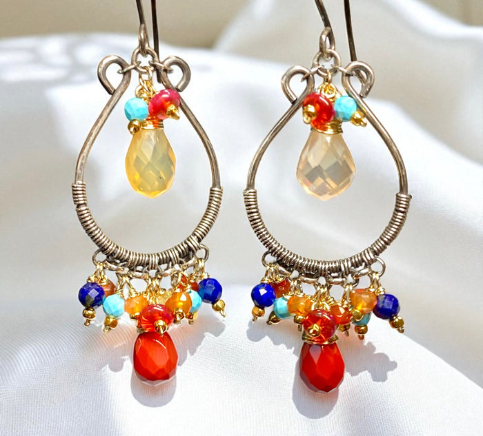 Multi Gemstone Hoop Chandelier Earrings, Mexican Fire Opal, Mixed Metals 3