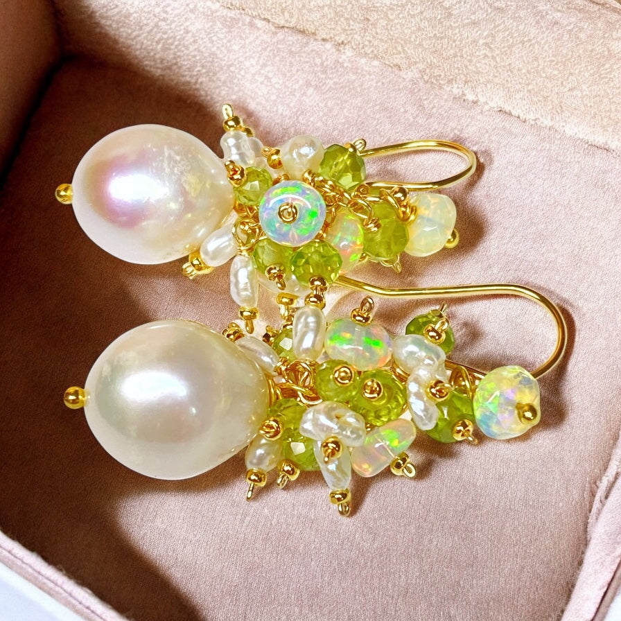 Peridot, Opal, Pearl Cluster Earrings Gold Fill 2