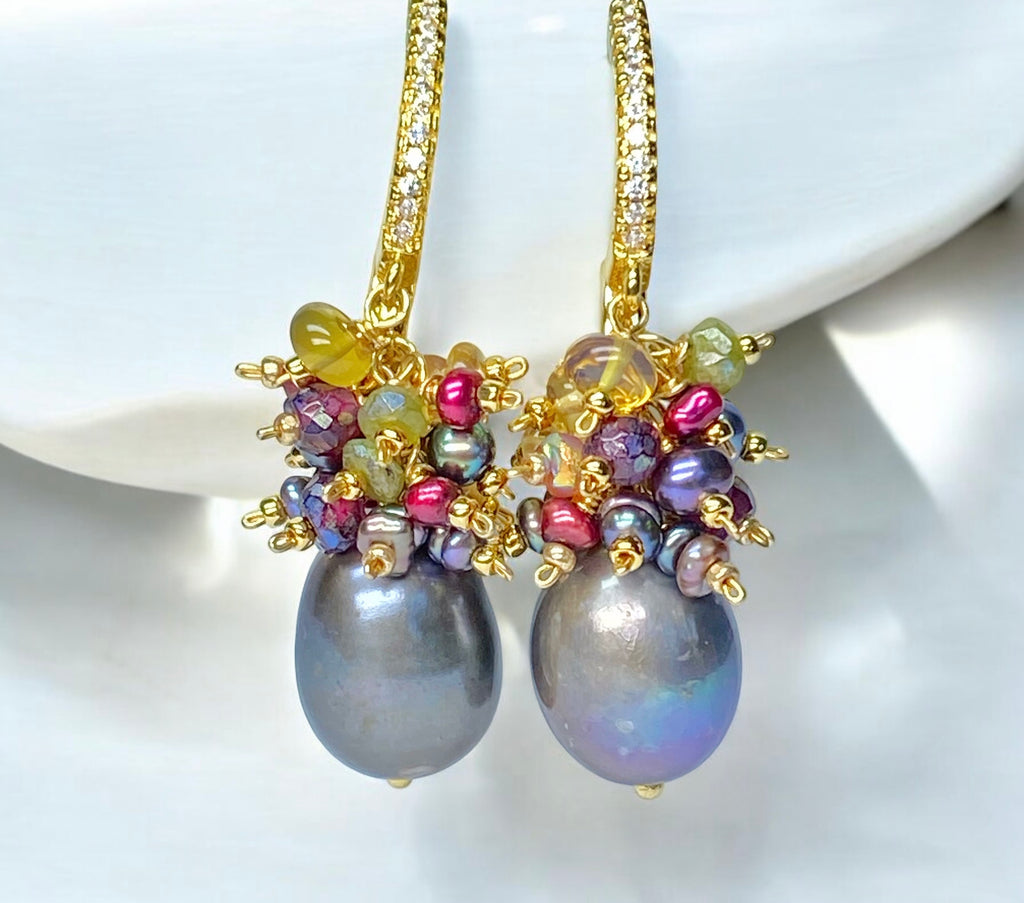 Grey Pearl Earrings with Colorful Gemstone Clusters in Sterling Silver