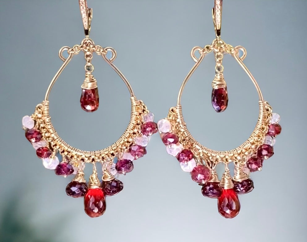 Red Garnet Gold Hoop Earrings Rainbow Moonstone