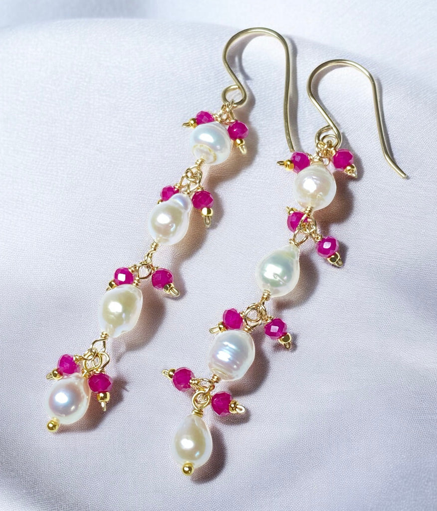 Ruby and Pearl Long Dainty Earrings Gold Fill