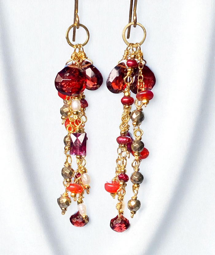 Garnet Dangle Earrings 14 kt Gold Fill with Red Pearls