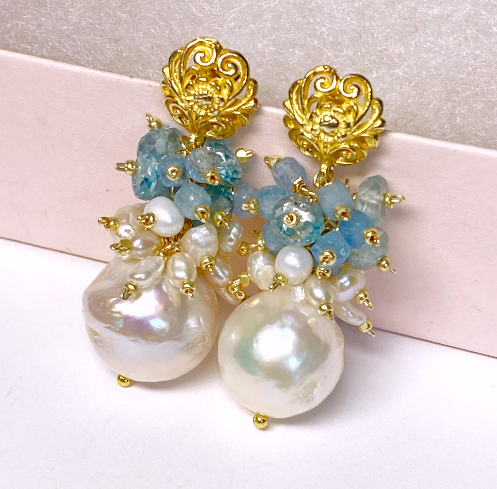 Blue Zircon Pearl Cluster Earrings Gold Post