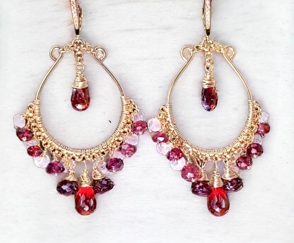 Red Garnet Gold Hoop Earrings Rainbow Moonstone