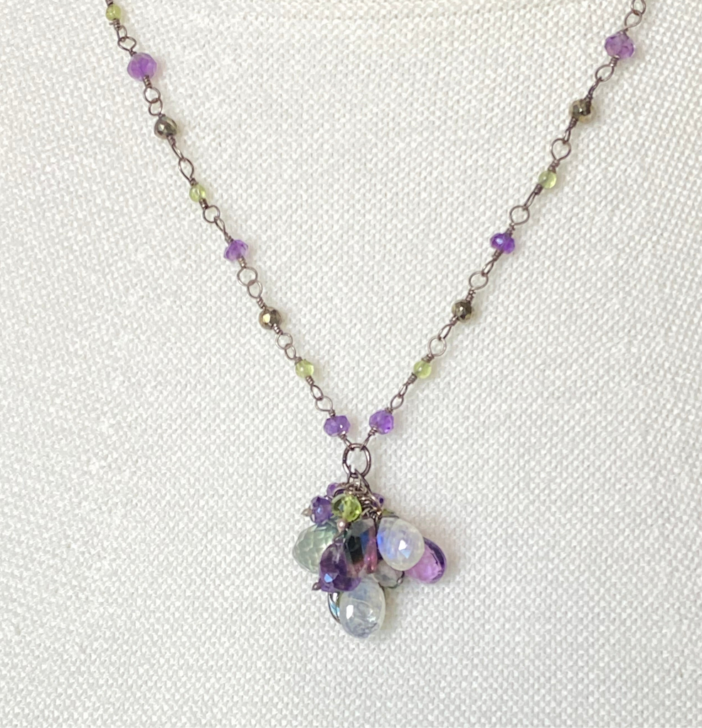 Amethyst, Tourmaline Gem Cluster Pendant Necklace, Rosary Style, Oxidized Silver