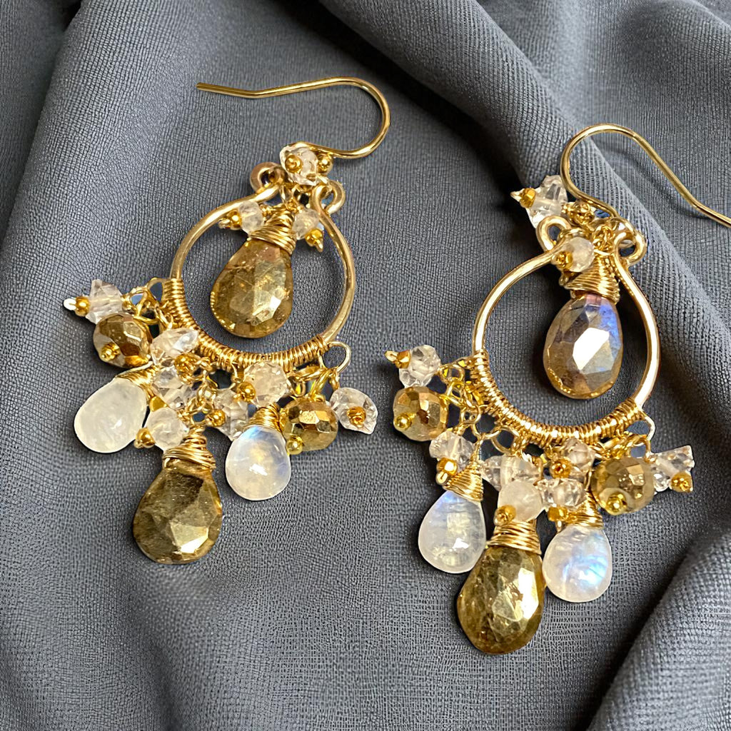 Rainbow Moonstone Gold Labradorite Chandelier Hoop Earrings Gold Fill